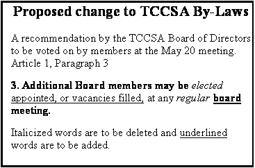Text Box: Proposed change to TCCSA By-LawsA recommendation by the TCCSA Board of Directors to be voted on by members at the May 20 meeting. Article 1, Paragraph 33. Additional Board members may be elected appointed, or vacancies filled, at any regular board meeting. Italicized words are to be deleted and underlined words are to be added. 